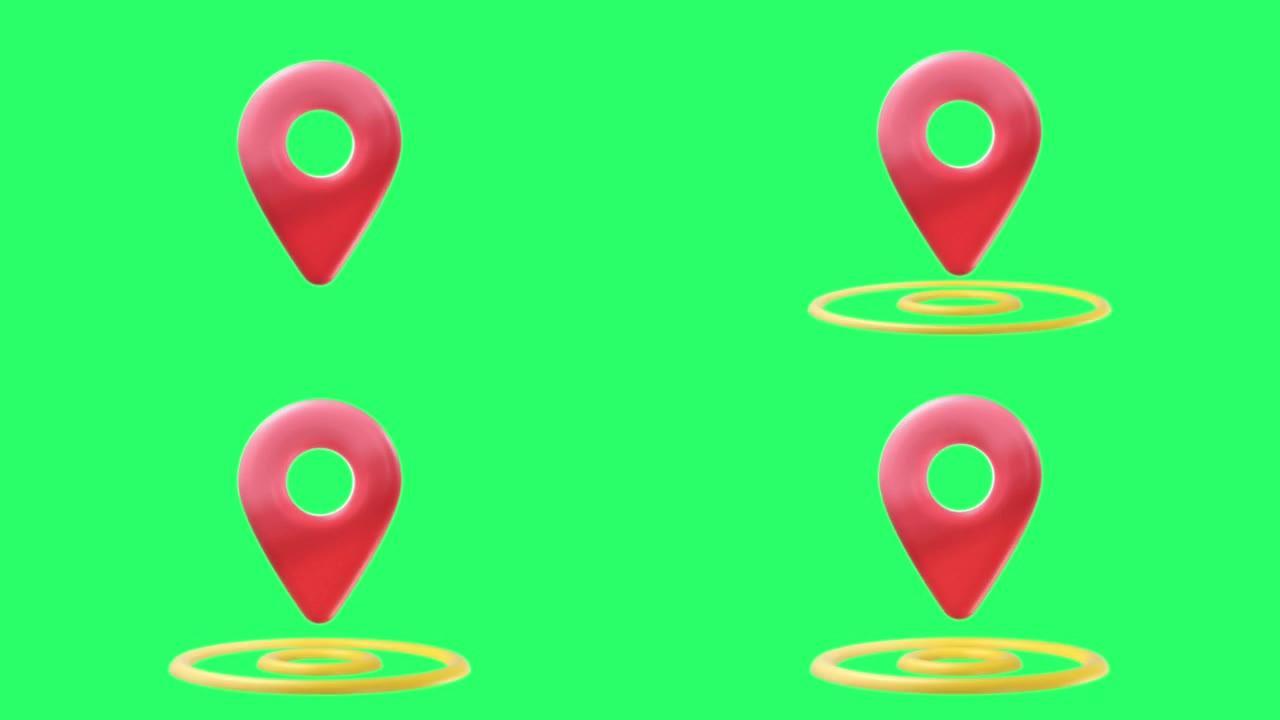动画红色检查点图标隔离在绿色背景上。