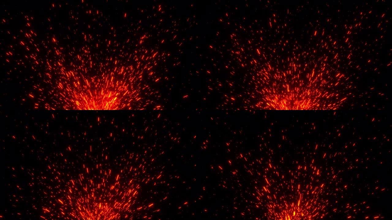 发光橙色火粒子的循环火花爆炸。黑色抽象背景上的火粒子动画