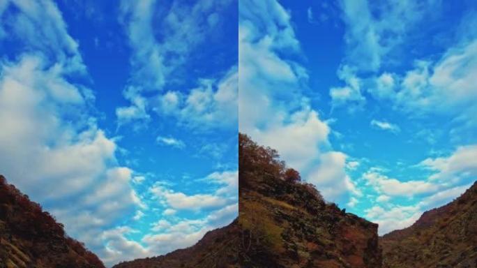 从汽车视角看，波夫蜿蜒的道路，秋天的彩色树木和多云的蓝天背景