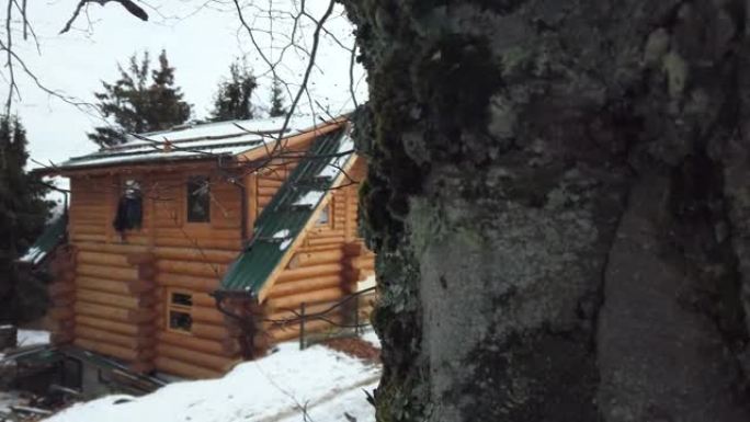 精彩的冬季风景，有雪和木小屋小屋的家