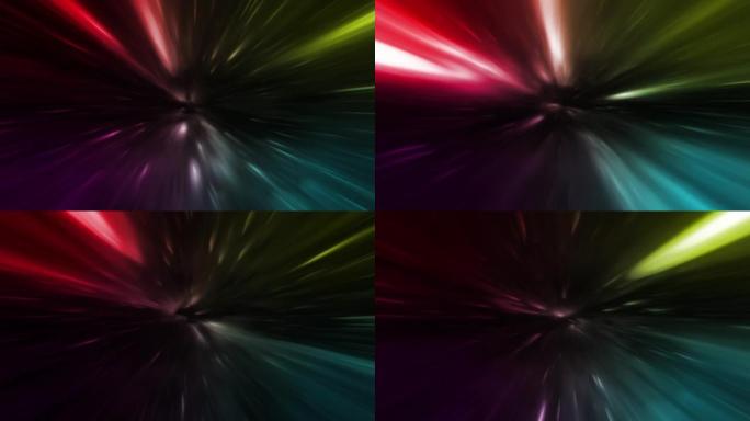 4k抽象彩色和黑暗超空间经纱隧道穿越时空动画。循环科幻星际旅行穿过超空间涡旋隧道中的虫洞。抽象传送速