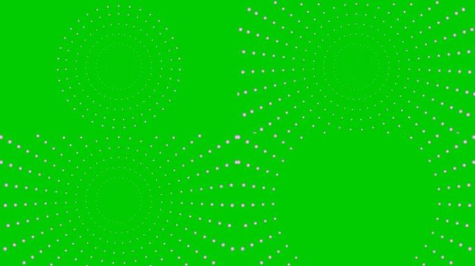动画的不断增加的银色圆点从中心开始旋转。矢量插图孤立在绿色背景上。