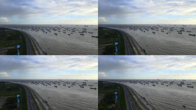 吉大港吉大港沿海公路的鸟瞰图，带有进出口业务的货船