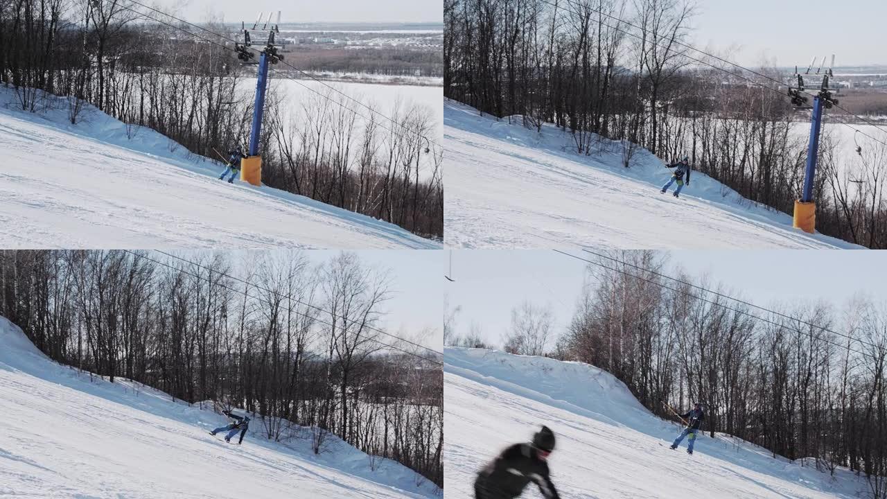单板滑雪者使用T型杆升降机攀爬，并制作了黄油尾巴抓住技巧