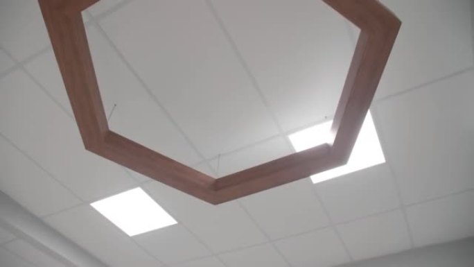办公室天花板上悬挂着木制六角形装饰元素