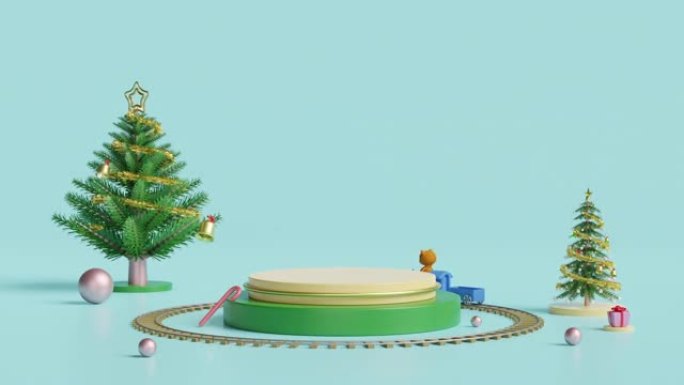 圆柱形舞台讲台，带礼品盒、圣诞树、蒸汽火车玩具、孤立在绿色背景上的泰迪熊。节日新年，抽象几何化妆品展