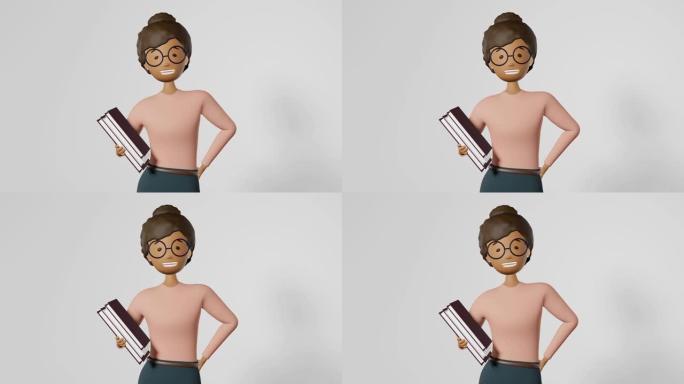 微笑的非洲裔美国女孩员工眼镜书3D动画循环4K。自由工作者学习教育学生。卡通多民族多样角色商业女性白
