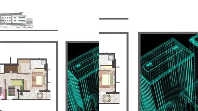垂直视频动画显示了地板设计的技术图，并绘制了精美的细节和房屋的3d模型