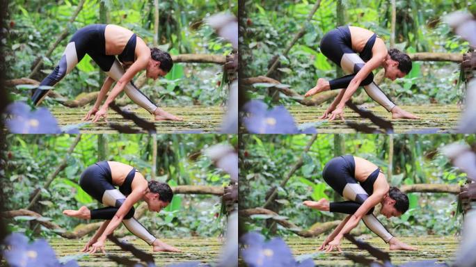 瑜伽女子训练力量asana在大自然中摆出外面的姿势
