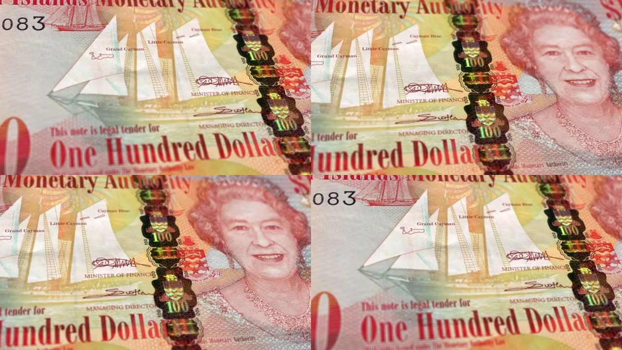 开曼群岛开曼群岛100元纸币，100开曼群岛美元，开曼群岛美元的特写和宏观视图，跟踪和多利镜头100