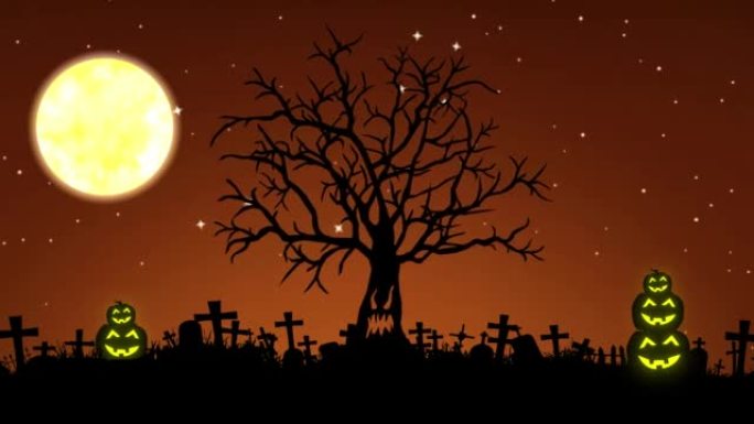 万圣节背景动画的恐怖之夜，星星，月亮，树木和南瓜。万圣节背景动画