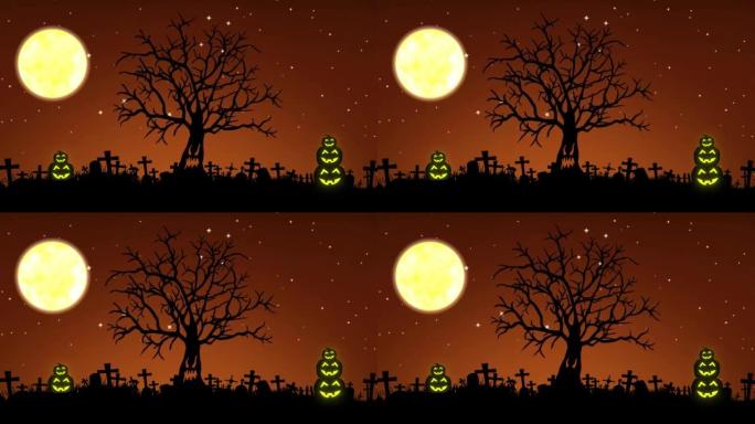 万圣节背景动画的恐怖之夜，星星，月亮，树木和南瓜。万圣节背景动画