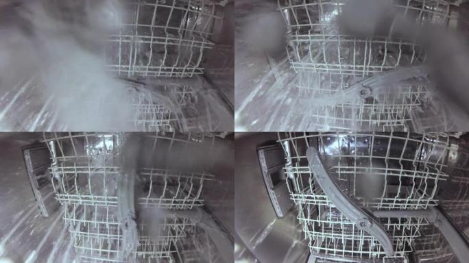 主人修理洗碗机，并检查喷嘴机构的运行情况，该机构旋转并喷水。洗碗机内的数码相机。洗碗机的内部视图。