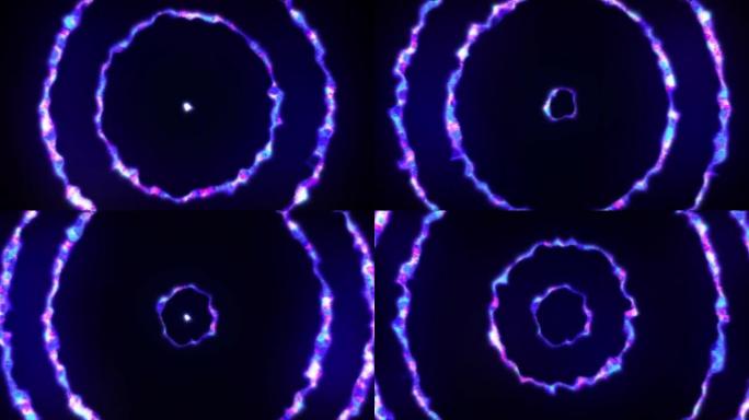 抽象背景循环循环飞行的能量等离子体紫色蓝色环的隧道，具有发光效果闪亮的节日明亮美丽的未来高科技，屏幕