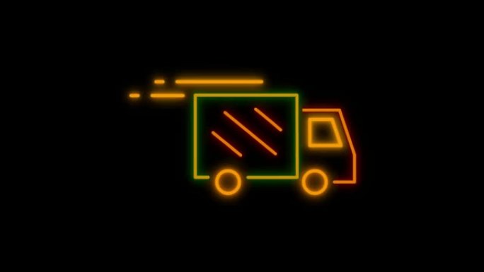 黑色背景上的动画橙色霓虹灯卡车形状。