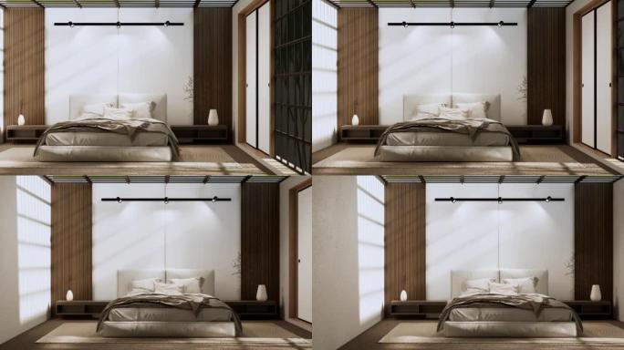 日本卧室里的Wabi sabi床和装饰植物。3D渲染。