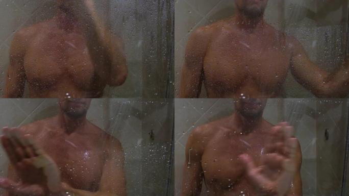 年轻英俊，身材姣好的男人在洗澡。
