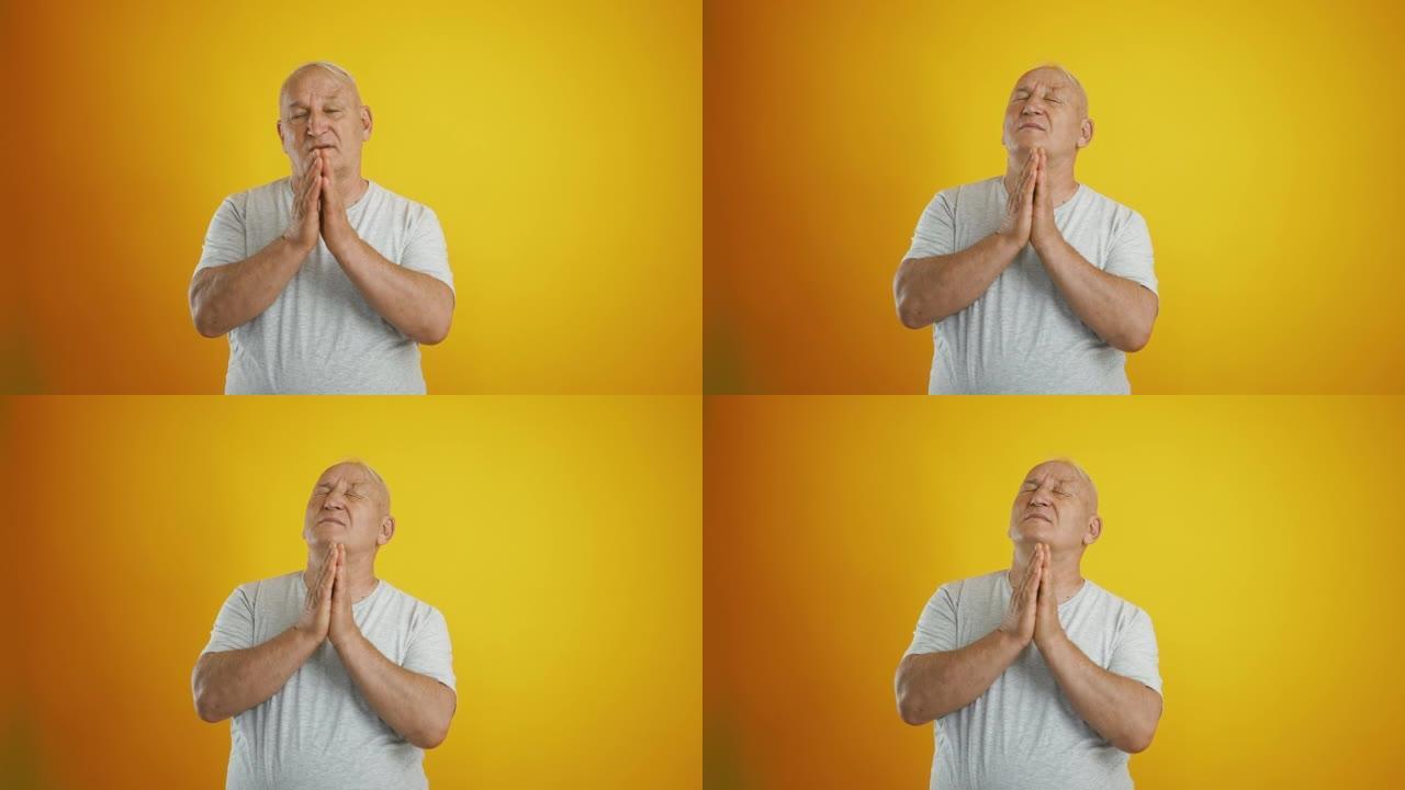 Bald Senior Male Is Praying For Good Health On Yel