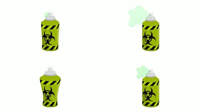 动画气溶胶喷雾瓶释放生物有害气体云。防止恐怖袭击。白色背景上循环播放的卡通视频