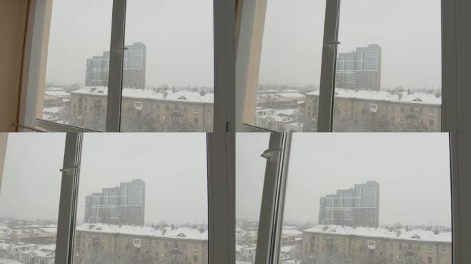 窗外城市的冬天。总体计划