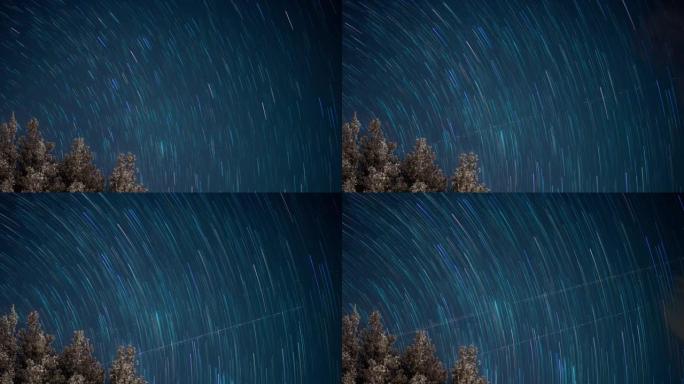 恒星绕着极星移动。夜空中星迹的时间流逝。4K