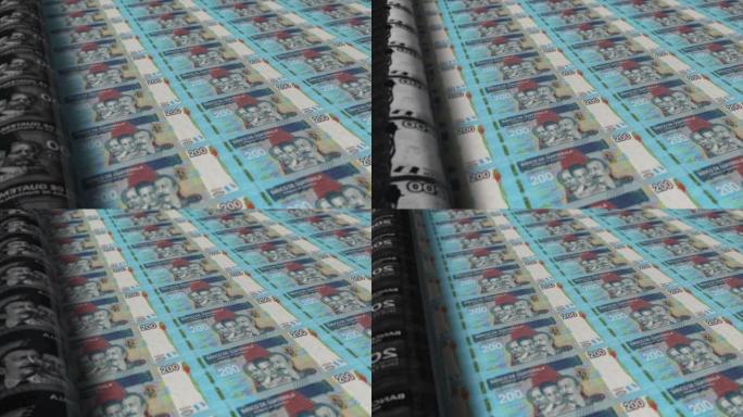 危地马拉，危地马拉格查尔印刷机打印出当前200格查尔钞票，无缝循环，危地马拉货币背景，4K，聚焦深度