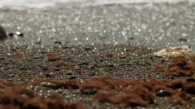 海卵石和海藻扔在岸上。一浪正好冲入框架。岩石上的眩光。用三脚架拍摄的长镜头