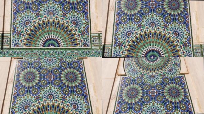 摩洛哥喷泉的彩色zellinge瓷砖。马赛克图案，传统伊斯兰几何设计。摩洛哥工艺，手工制作。