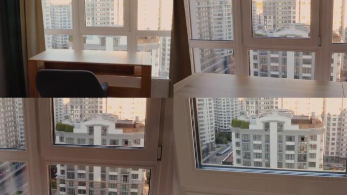 在时尚的室内，水平的全景窗户上可以看到摩天大楼