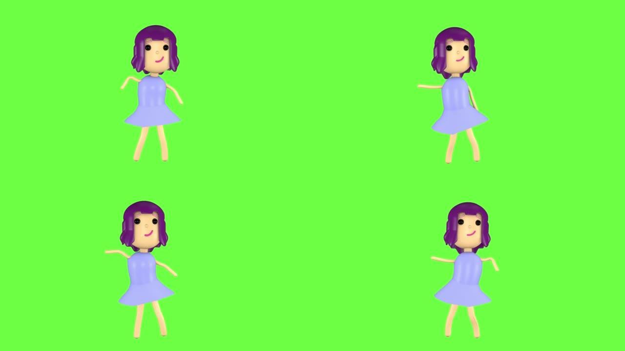 3D动画，女孩卡通人物跳舞。绿色背景上无缝运动的现代最小设计。