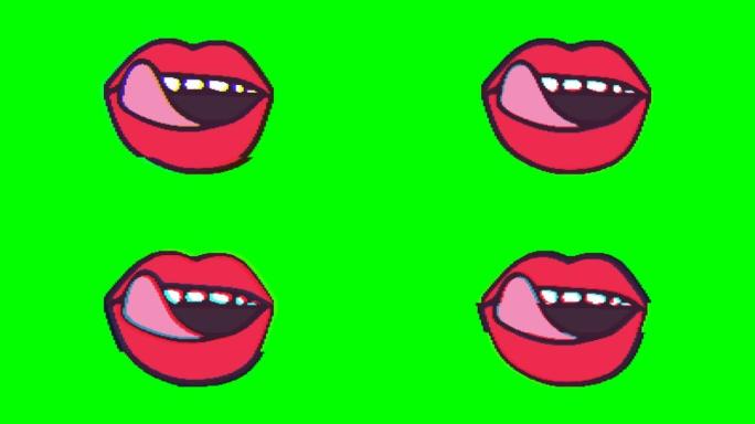 用舌头舔嘴唇，在绿色背景上有毛刺效果。表情符号运动图形。