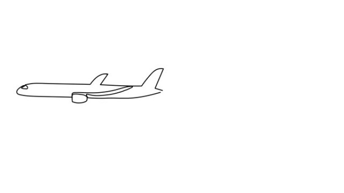 带有铭文的飞机侧向飞行的动画-飞往大海。在一线艺术的风格中，极简主义