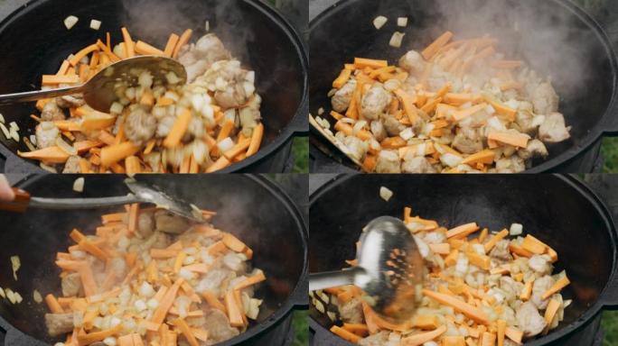 开槽勺子搅拌肉、胡萝卜和洋葱的特写镜头。