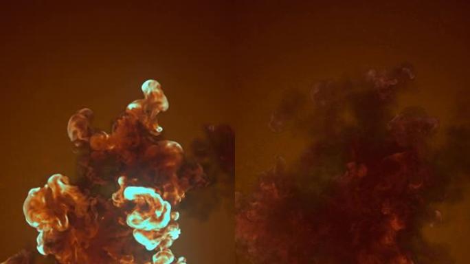 棕色背景上有烟雾痕迹的化学热爆炸。垂直视频模板。3d渲染数字动画高清