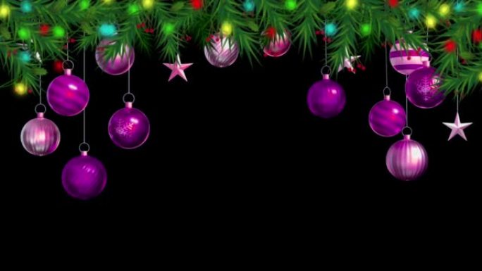 黑色背景上的动画紫色球，用于设计圣诞节或新年模板。