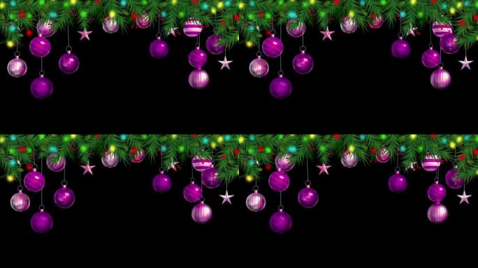 黑色背景上的动画紫色球，用于设计圣诞节或新年模板。