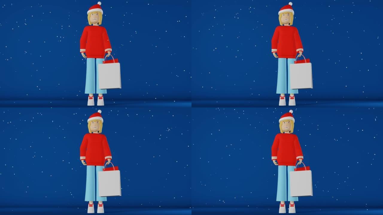 3d角色女孩圣诞礼物购物袋循环动画4k雪蓝背景。购物中心的女性买家智能手机。时装店价格折扣广告促销横