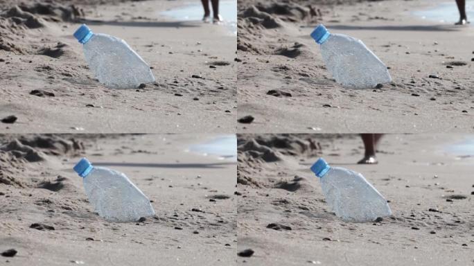 对污染问题漠不关心。海滨的塑料瓶，微晶问题。