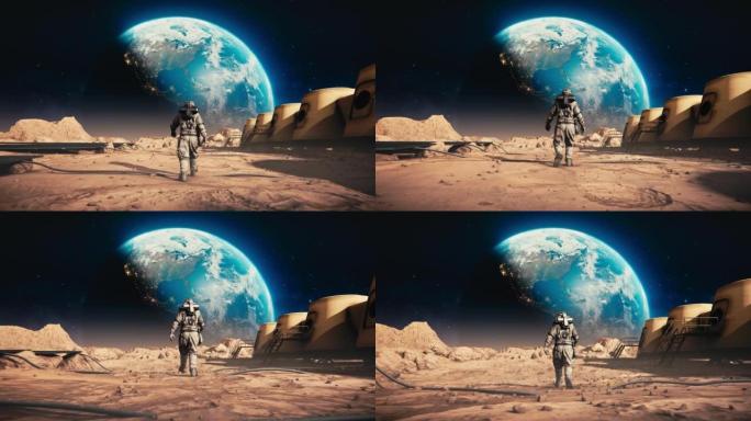 身穿太空服的宇航员穿过火星基地朝地球行走