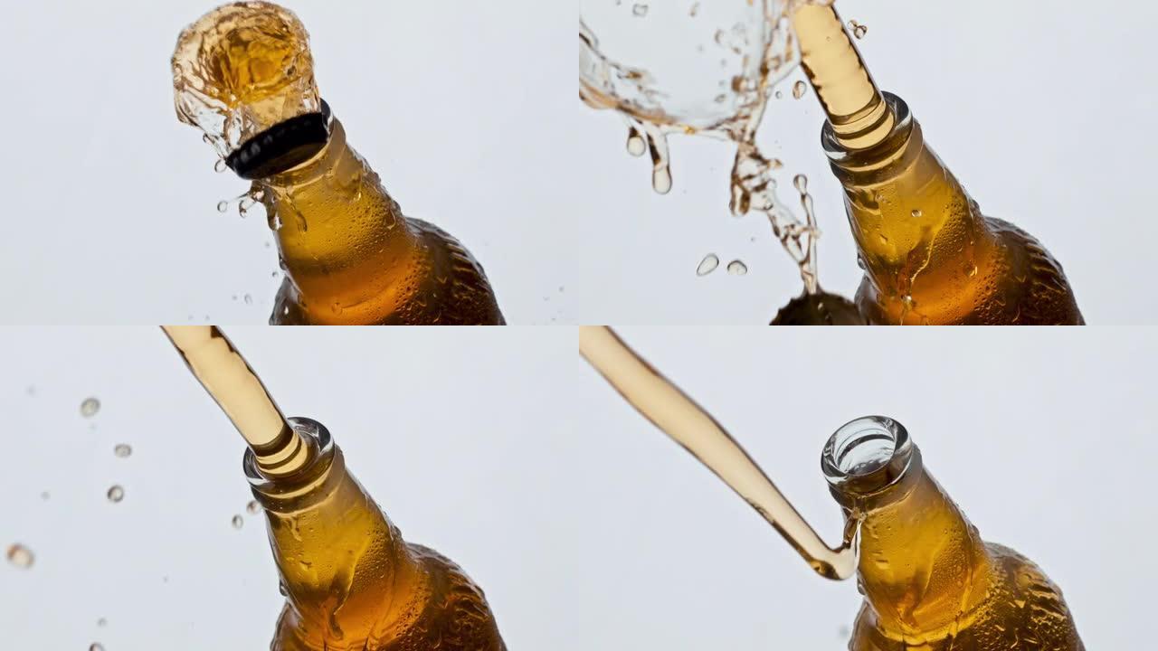 打开玻璃ipa瓶子特写。未过滤的啤酒飞溅冷凝瓶
