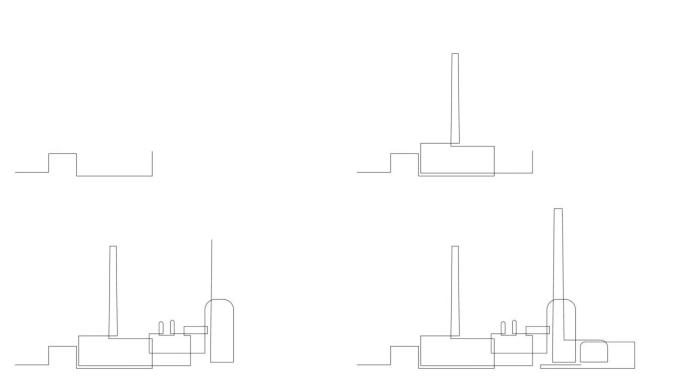 工业厂房自画动画。抽象厂房的连续线条图。