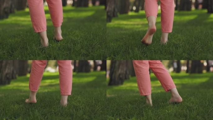 放松和健康。女人的腿特写行走在绿草地上。慢动作。与自然统一的概念