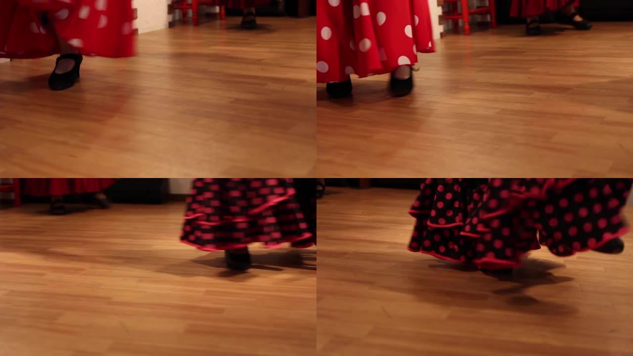 一群穿着黑鞋的舞者在舞厅跳舞的特写镜头