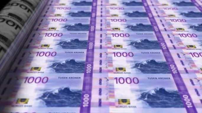 挪威，挪威克朗印刷机打印出当前1000克朗钞票，无缝循环，挪威货币背景，4K，聚焦深度Smoot和尼