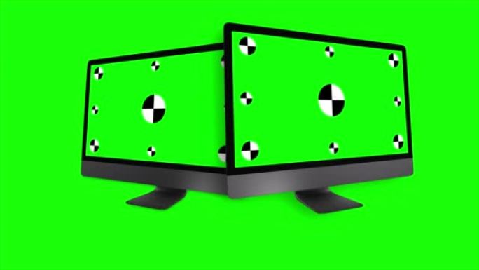 两台绿色屏幕的现代计算机，隔离在绿色背景上。3d渲染。