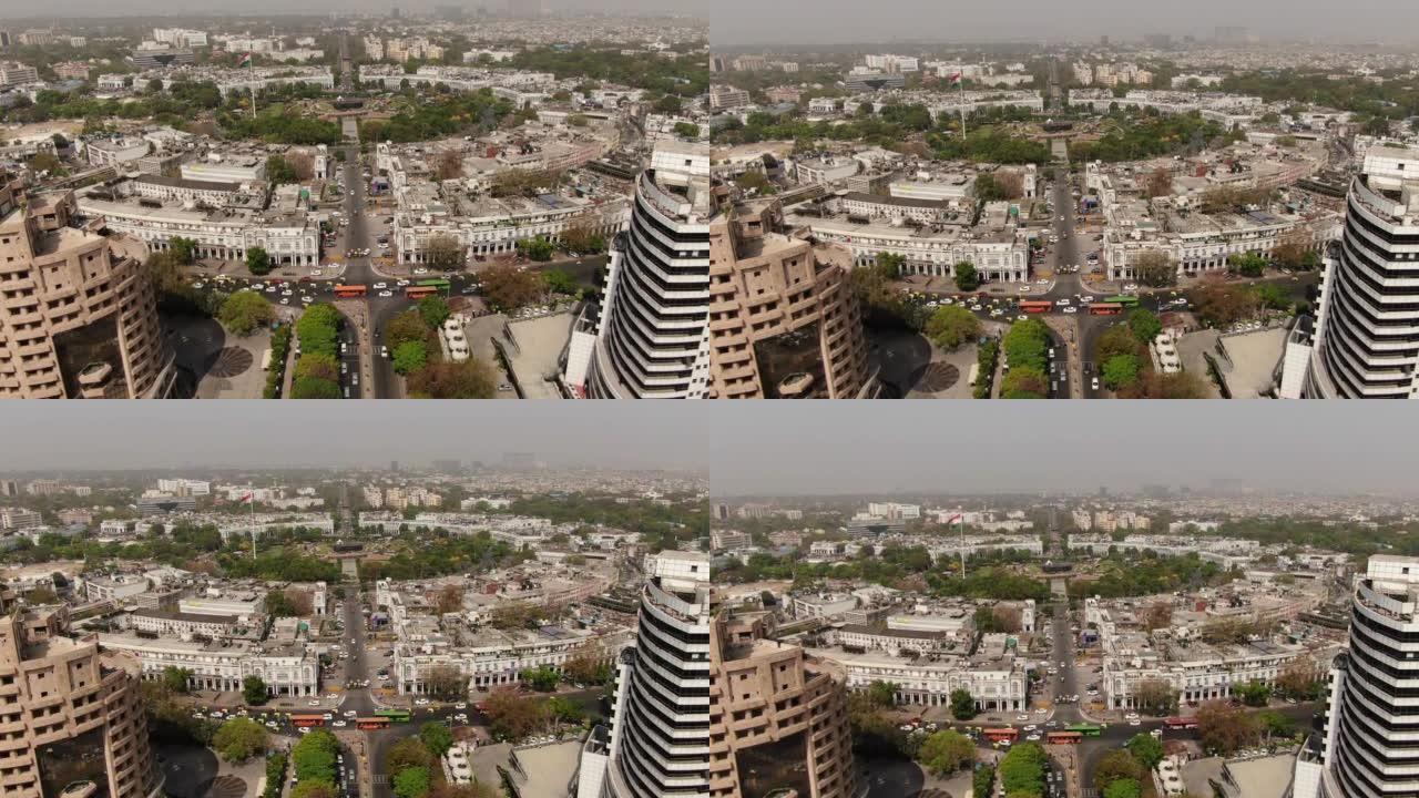 印度新德里首都CP康诺特广场的4k空中无人机拍摄