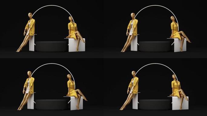 金色模特雕像，以抽象的概念展示时尚的正式服装。石材托盘几何产品支架。促销销售。3d渲染动画循环