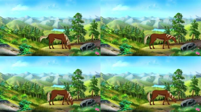 棕色的马在山上吃草