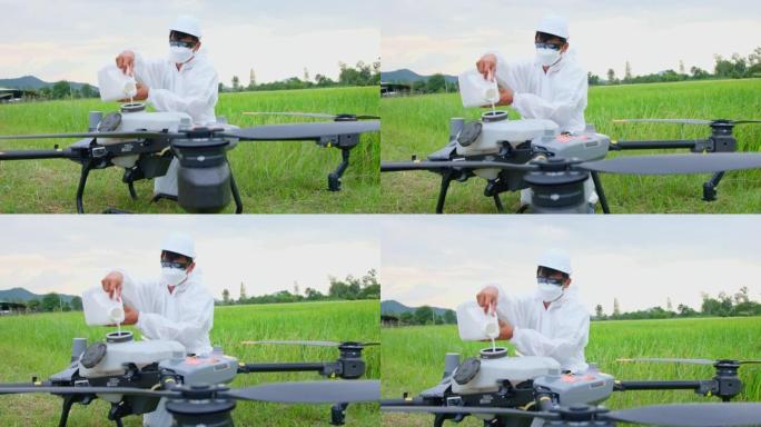 工程师正在检查农业无人机，因为它们在喷洒药物或肥料的稻田上空飞行。