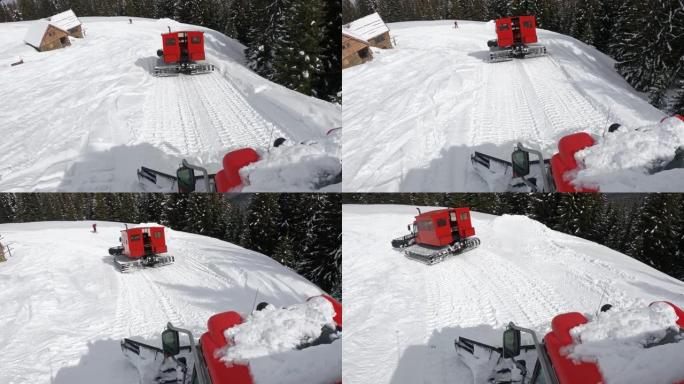 雪猫ratrack运输自由式滑雪者，高海拔山顶上的滑雪者，用于越野滑雪新鲜粉末滑雪